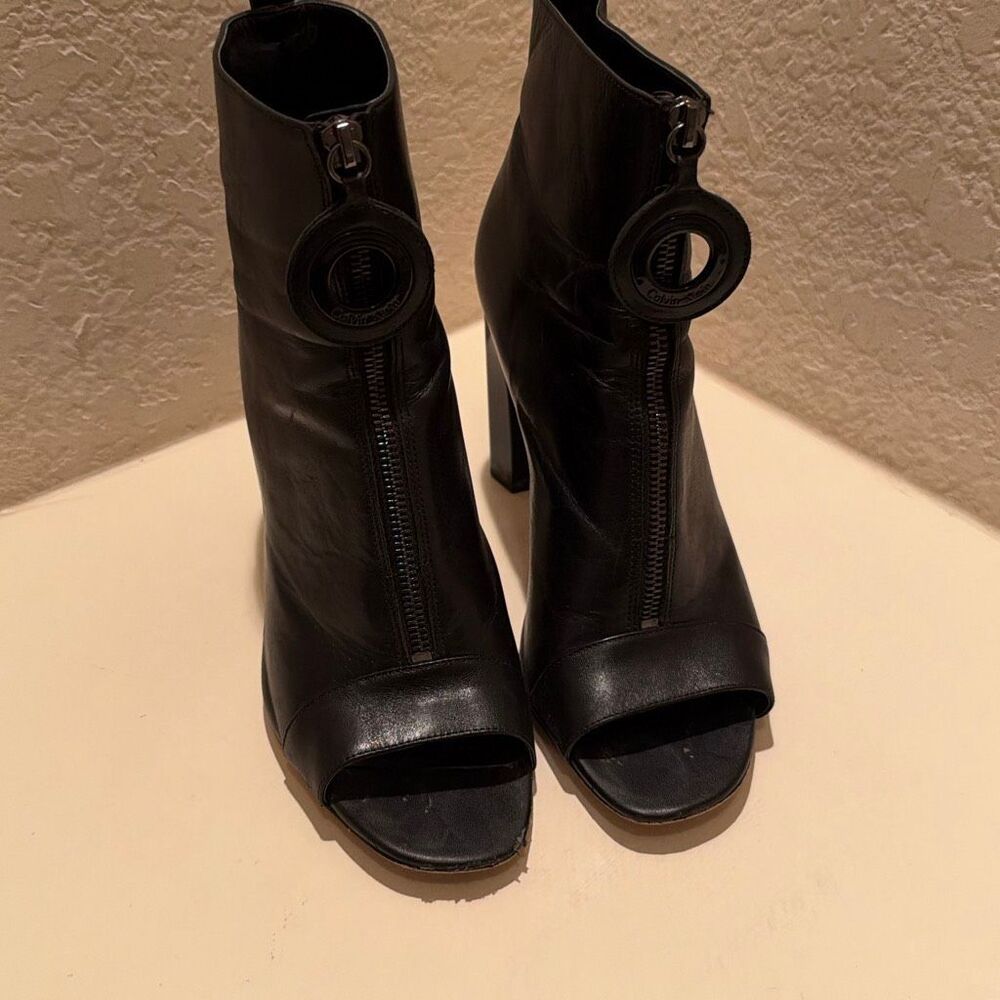 Calvin Klein Minda Open Toe Booties Black Cow Silk Retro Gogo Zipper Pull Sz 10